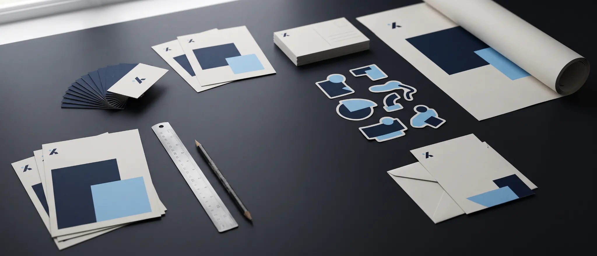 Business cards, flyers, postcards, stickers, a poster and an invitation laid out on a print studio desk